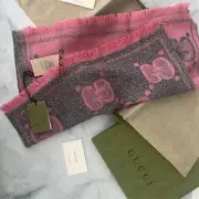 $980 New Authentic GUCCI Wool Shawl Scarf Pink/Silver Gray Long + Gift Box