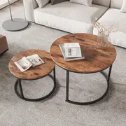 Round Nesting Coffee Table Set for Living Room - Sturdy Metal Frame - Easy Assembly - Rustic Brown