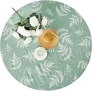Round Vinyl Fitted Tablecloth with Elastic Edged & Flannel Backing Reusable Table Cover Waterproof Oil-Proof PVC Table Cloth Stain Resistant Wipeable for Dinning Kitchen Picnic Party (Green Leaf)