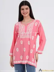 Peach Rayon Chikankari Short Top | Lightweight Indian Tunic | Casual Wear
