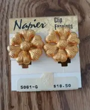 New Old Stock Vintage Napier Gold Tone Textured Flower Screwback Clip Earrings