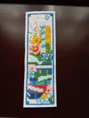 Completed Cross Stitch Bookmark Books and Flowers with Blue Border