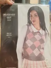 Sweater Vest Womens S/M Argyle Pink Gray 90s Preppy Halloween Costume #4037