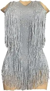 [Generic] Sparkly Bodysuit Women Party Dance Costume Stage Wear Tassel Leotard Performance Clothing(Silver,S-M)