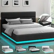 ALFORDSON Bed Frame Queen Size with LED Light & Gas Lift Storage Base, Bed Platform Foundation with Linen Fabric Tufted Headboard for Mattress Topper, Max 320kg, Bertold Fabric Charcoal
