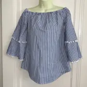 NWT Belle Sky blue/white striped cotton blouse