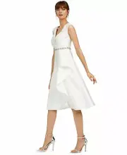 Adrianna Papell Tea-Length Mikado Dress Ivory Size 4 $229