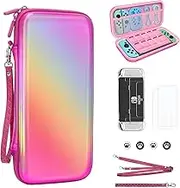 belle&birdie Nintendo Switch Accessories-Hard Protective Carry Case for Switch OLED witch 10 Game Card Slot,Soft TPU Cover, Screen Protector,Adjustable Strap,Thumb Grip Caps (Laser Pink)