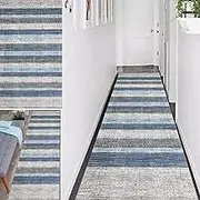 Modern Blue Grey Hallway Runner Rug, Long Narrow Kitchen Hall Entryway Runner Carpet, Corridor Rug Non-Slip Doormat Runner 60cm/70cm/80cm/100cm Wide(2.3ft×9.8ft/70×300cm)