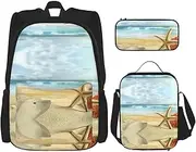 [StOlmx] 3 Pcs Set Backpack,Waterproof Bookbag, Insulated Lunch Bag & Pencil Case Pouch, Travel,Hiking,Rose Flower with Leaves Print, Starfish and Coral on Beach, One Size