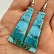 Navajo Turquoise Dangle Slab Earrings Sterling Silver 2 1/2" by Pete Jameson