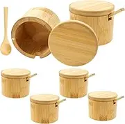6Pcs Wood Spices Storage Cellar With Magnetic Swivel Lid, Side Groove Design Salt Spice Box, Salt Cellar, Portable Salt Holder Container for Kinds of Spices 7x9cm