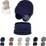 [HOBIVA] Children's Winter Fleece Scarf Suit,Kids Winter Warm Knit Beanie Cap with Fleece Linin Scarf Set (Dark Blue,OneSize)