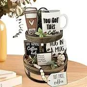 Farmhouse Tiered Tray Decor Set ? Rustic Wooden Decorations for Coffee | Vintage Coffee Farmhouse, Table Centerpiece, Perfect for Kitchen, Dining Room, and Home Decoration