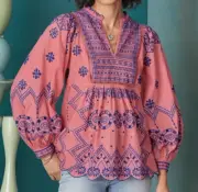 Sundance Catalog Indra Dreamer Top Rose Embroidery Blue Eyelets 2XL NWT Boho