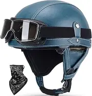 Vintage Open Helmet Leather Moped Helmet with Goggles Jet Style Half Shell Helmet DOT/ECE Approved with Built in Visor Unisex Fit for Motorcycle Scooter Chopper