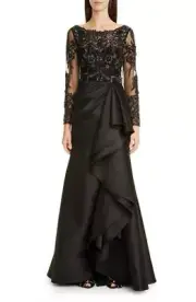 *Badgley Mishka Couture 6 Long Sleeve Lace Gown Keyhole Back Mikado Ruffle New