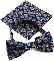 [Zasel] Mens Navy, Red, White, Yellow & Blue Paisley Cotton Bow Tie & Pocket Square Set Navy, Red, White, Yellow, Blue Paisley