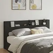 Wood Headboard Cabinet with RGB LED Lights, Wall Mounted Storage for Bedroom Decor, 220x16.5x103.5 cm