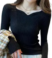XUGYAO Ladies Sweater Women V-Neck Slim Bottoming Sweater Long Sleeve Knit Warm Casual Pullovers Office Sweater for Women Autumn Winter Black