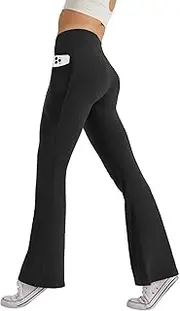 [Glacspyg] Women's Yoga Trousers with Pockets Leisure Jogging Bottoms High Waist Sports Trousers Elastic Wide Bootcut Jazz Pants
