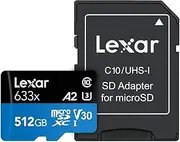 Lexar High-Performance 633x 512GB microSDXC UHS-I Card w/SD Adapter, C10, U3, V30, A2, Full-HD & 4K Video, Up to 100MB/s Read, for Smartphones, Tablets, and Action Cameras (LSDMI512BBNL633A)