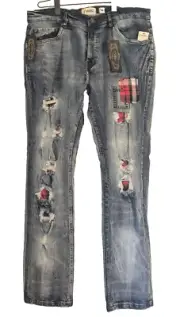 FWRD Patchwork Denim Jeans Mens 38 x 32 Rugged Plaid Slim Fit Blue NYC New