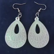 WHITE PEARLESCENT FLORAL TEARDROP Dangle Earrings Boho Color Shift Artisan
