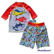 Fish Flops Boy Sz 4/5 Fishes Swim Trunks Rash Guard Swimsuit Long Sleeve UPF 50+
