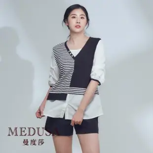 【MEDUSA 曼度莎】現貨-黑白假兩件式拼接襯衫（M-XL）｜女上衣 女襯衫 上班穿搭(101-76601)