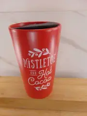 “Mistletoe And Hot Cocoa” Red With White Lettering Tall Latte Mug With Lid - NEW