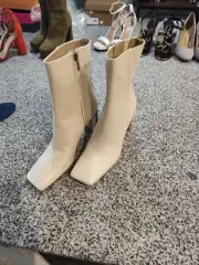 Sam Edelman Anika Ivory Leather Boot With Ostrich Accents And Square Toe
