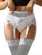 Women's Garter Belt Plus Size Lace Garter And 6 Metal Clips Adjustable Underwear Garter Suspenders U White A L