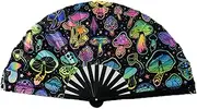 SEHXIM UV Glow Rave Hand Fan,Bamboo Folding Clack Hand Fan for Men Women,Festival Fan,Large Folding Hand Rave Fan for Festival (Mushroom)