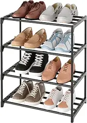 TAUEHR Metal Small Shoe Rack,Stackable Kids Shoe Stand,Narrow Shoe Storage Shelf for 8-10 Pairs of Shoes Entryway and Closet Hallway (4-Tier, Black)