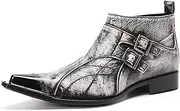 [Generic] Men Ankle Boots Buckle Strap Decoration Pointed Metal Toe Retro Pattern Genuine Leather Formal Dress Shoes Men's Leather Shoes