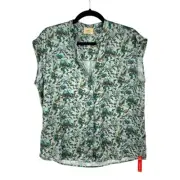 Elie Tahari Blue Floral Satin Button Front Cap Sleeve Top Size Small NWT