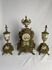19th century 3 Piece Clock Set Hand Painted Porcelain with Metal