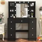 Large Dressing Table with Dimmable LED Mirror Makeup Vanity Desk 7 Drawers Black