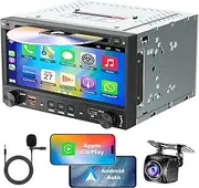Double Din Car Stereo DVD Player with Wireless Carplay & Android Auto, Car Radio QLED Screen 4.2-Channel Audio Output, Bluetooth, Mirror Link, Backup Camera, AM/FM Radio Type-A/C Subwoofer