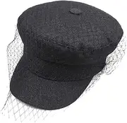 Hbssee- Hat Retro Temperament Mesh Decoration Flat Top Cap Female Fashion Leisure Cap Bellette (Color : Black, Size : Adjustable)