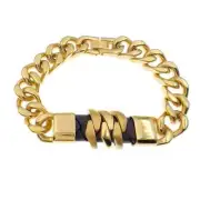 Cuban Link Chain Mens Bracelet Gold Stainless Steel ID Black Leather 8"