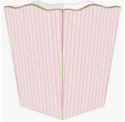MARYE-KELLEY, PINK & GREEN STRIPE WOODEN WASTEPAPER BASKET, 12" TALL, NEW