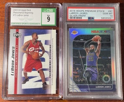 2003 UPPER DECK #15 LEBRON JAMES RC CSG 9 + 2019 Silver Prizm PSA 10-See Pics
