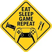 Gamer Zone Wall Sticker – Eat Sleep Game Repeat Vinyl Decal for Bedroom, Console Area, Gaming Setup – Bold Yellow Diamond Sign 300x300mm for Teens and Kids Room Decor