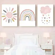Recrtain Nursery Wall Prints Pink Sunshine Rainbow Cloud Canvas Wall Art, Child Wall Art Poster Boho Nordic Wall Pictures for Girls Baby Kids Room Decor Unframed