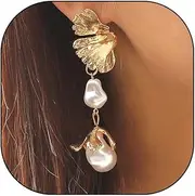 [Rrdaily] 18K Gold Baroque Pearl Leaf Dangling Earrings for Women,Glossy Boho Flower Statement Drop Dangle Earrings,Retro Formal Anniversary Jewelry Gifts