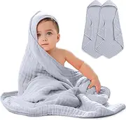 Comfy Cubs 2 Pack Baby Hooded 9 Layer Muslin Cotton Towel for Kids, Large 32” x 32”, Ultra Soft, Warm, and Absorbent. Baby Essentials Bath Towels, Cute Unisex for Girls and Boys (2 Pack, Slate Grey)