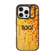 iPhone 16 Pro Impact Ring Stand Case MagSafe Compatible BOO! Spooky Cool Spider Halloween Typography Creepy Festive Trick or Treat Orange Black Spiderweb All Hallow's Eve Bold Fine Art Painting Design