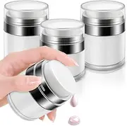 4 Pcs Airless Pump Jar With Labels, Refillable Cream Jar Vacuum Bottle Travel Size Empty Container for Cream and Lotion(Side Discharged) (2 pcs 1oz, 2 pcs 0.5oz)